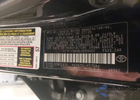 2020 Toyota Camry Xle Awd z USA, uszkodzony, nr VIN 4T1F11BK8LU009467